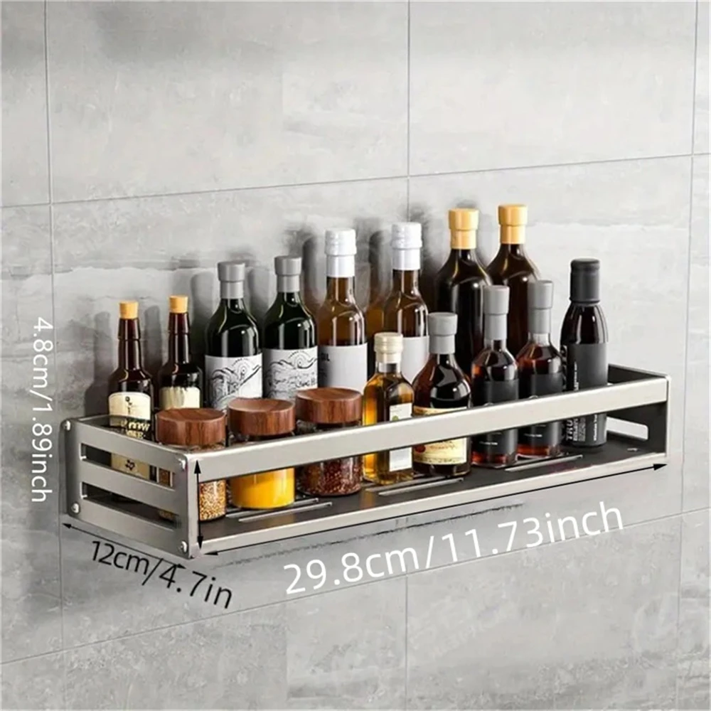 Sleek Aluminum Wall-Mounted Spice and Kitchen Storage Rack with Hooks
