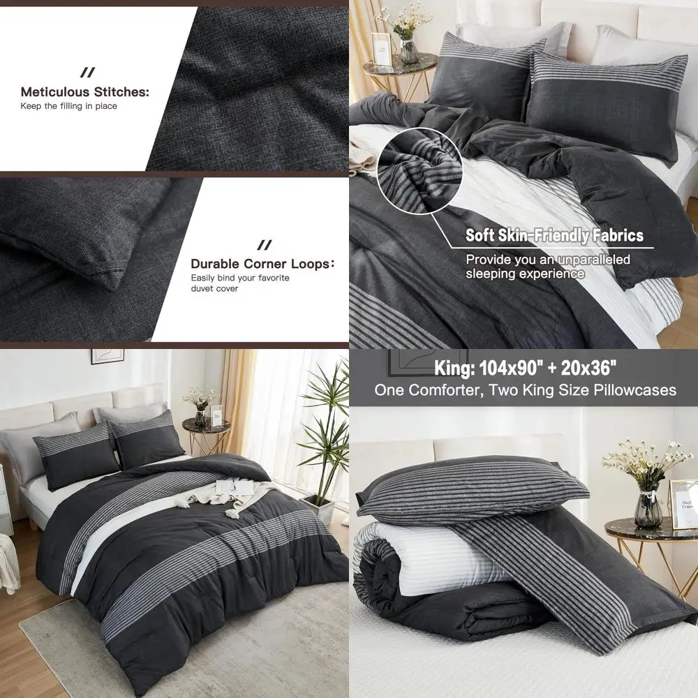 King Size Black White Grey 3-Piece Lightweight Comforter Set with Fluffy Down Alternative and Pillowcases
