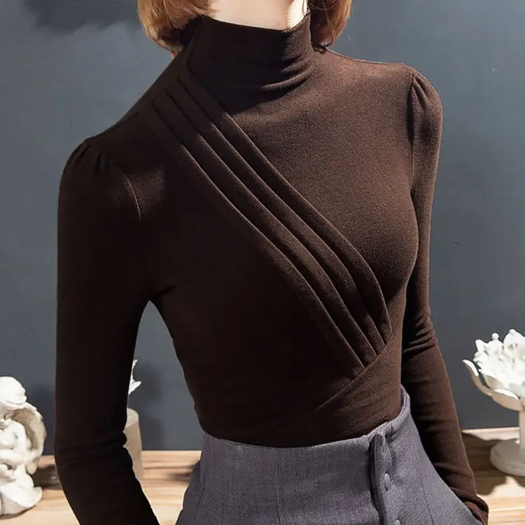 Brown 709 [high quality] half turtleneck german velvet warm top