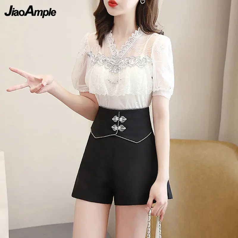 Women's Summer Fashion Lace Tops Wide Leg Shorts Two Pieces Korean Elegant V-Ncek Blouse Shirts High Waist Black Pants Suits