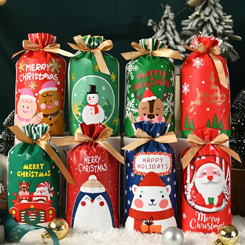 

10pcs Merry Christmas Santa Gift Candy Bag Snowflake Crisp Drawstring Christmas Decorations Bags for New Year 2024 Noel Presents