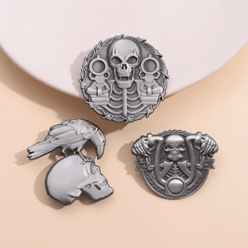 Punk Silber Farbe Skeleton Schädel Emaille Pin Brosche Rucksack Hut Metall Abzeichen Halloween Schmuck Zubehör für Freunde Großhandel – Detail 5