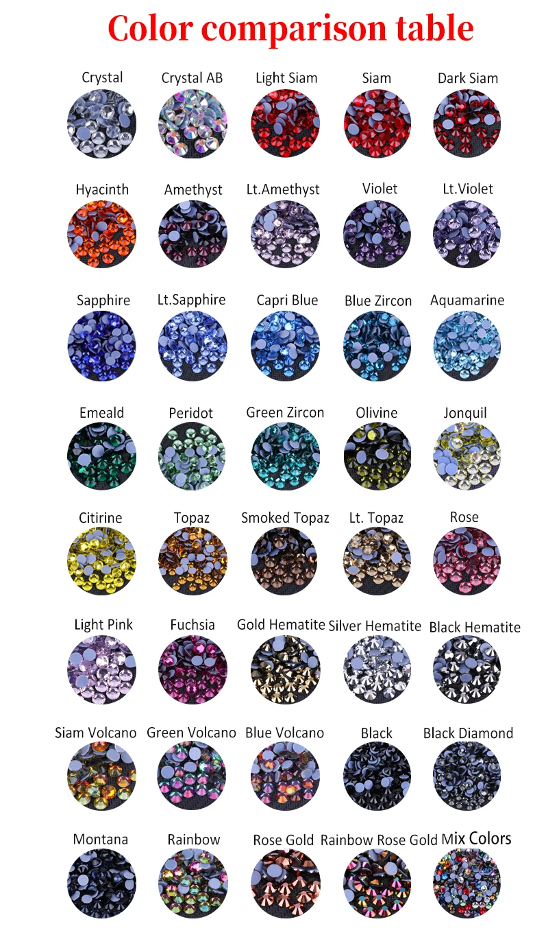 Description Picture 2 of itemVC Multi-color SS6-SS30 Glass Crystal Hot Fix Rhinestones Flatback Iron On Stones For DIY Nail Art Fabric Clothes Decoration