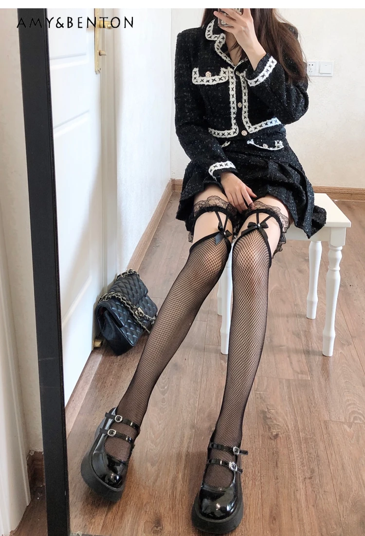 Japanese JK White Lace Cute Knee High Socks Black Hold-Ups Korean Style Sexy Lace Stockings Hot Girl Black Silk Thigh High Socks