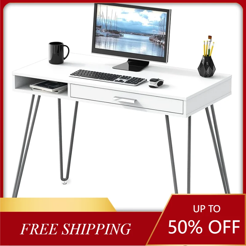 

SHW Home Office Computer Hairpin Leg Desk with Drawer, White