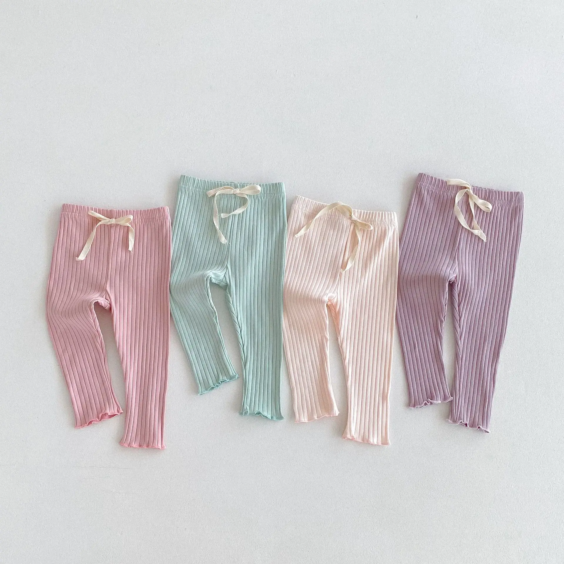 

2024 Autumn New Children Solid Tights Cotton Baby Girls Cute Bow Ribbed Leggings Kids Casual Pants Toddler Versatile Trousers