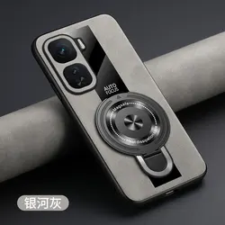 Magnetic Ring Holder Luxury Shockproof Case with Plexiglass & PU Leather for Vivo iQOO Neo10 (China) (Gray)