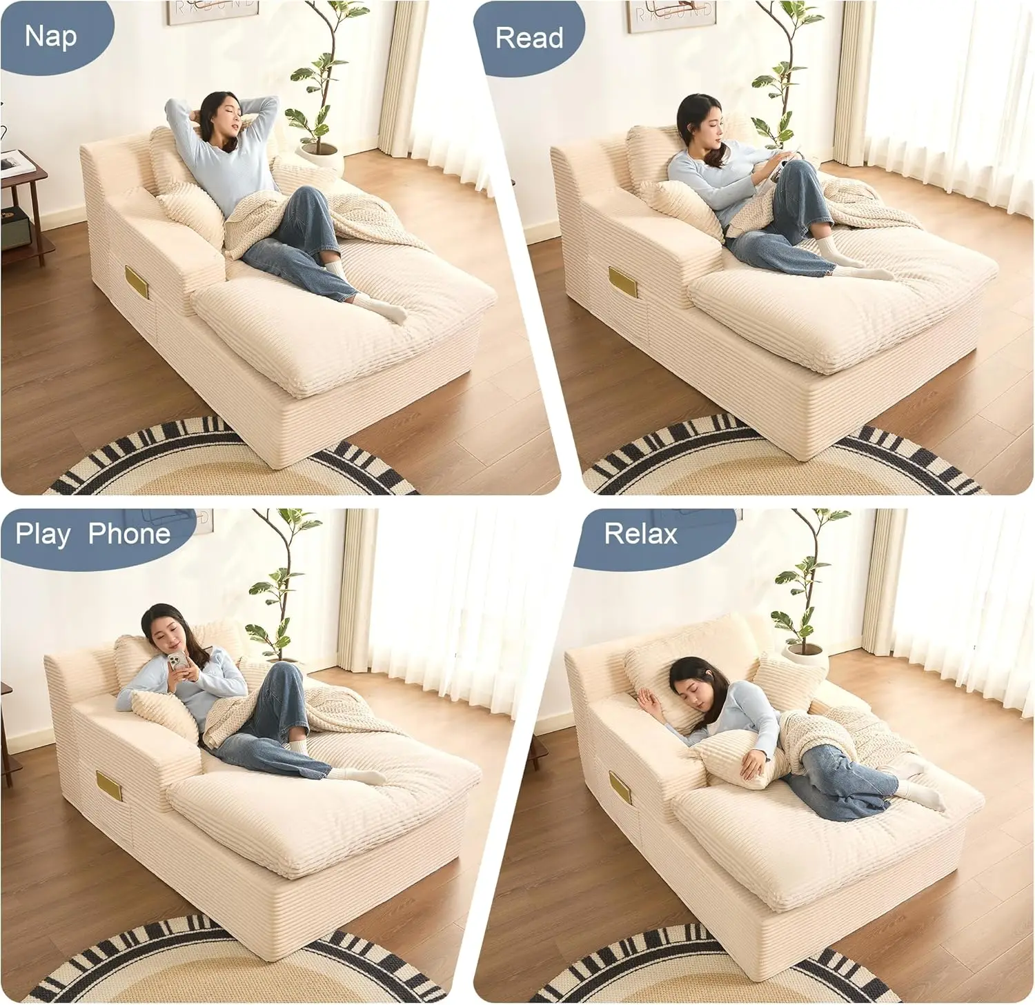 63" Oversized Chaise Lounge Chair Indoor, Convertible Sleeper Sofa Couch with Removable Pillows & Side Pockets