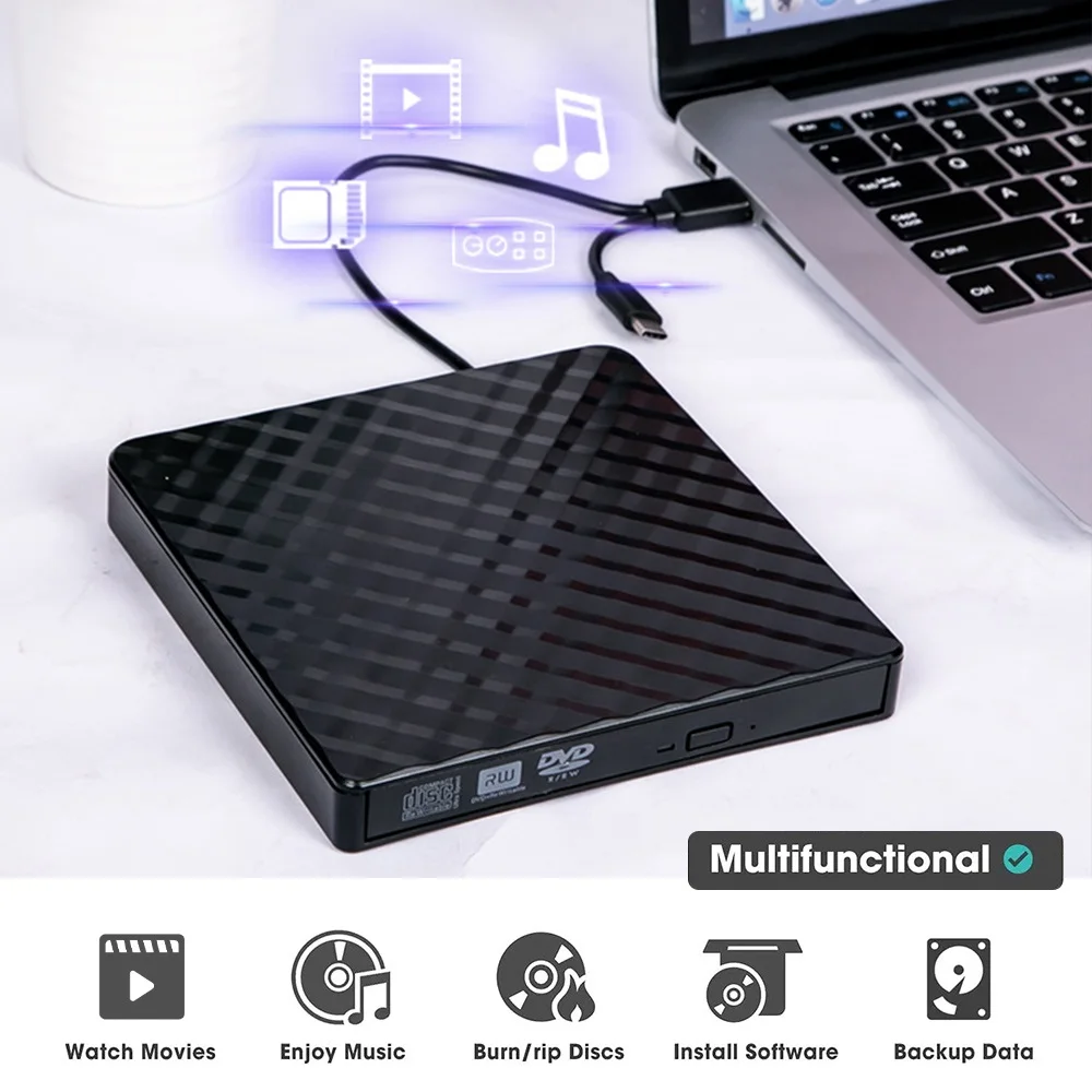 유형 C 및 USB 3.0 2in1 슬림 외부 DVD RW CD 라이터 슬림 광학 드라이브 버너 리더 플레이어 트레이 유형 휴대용 PC 노트북