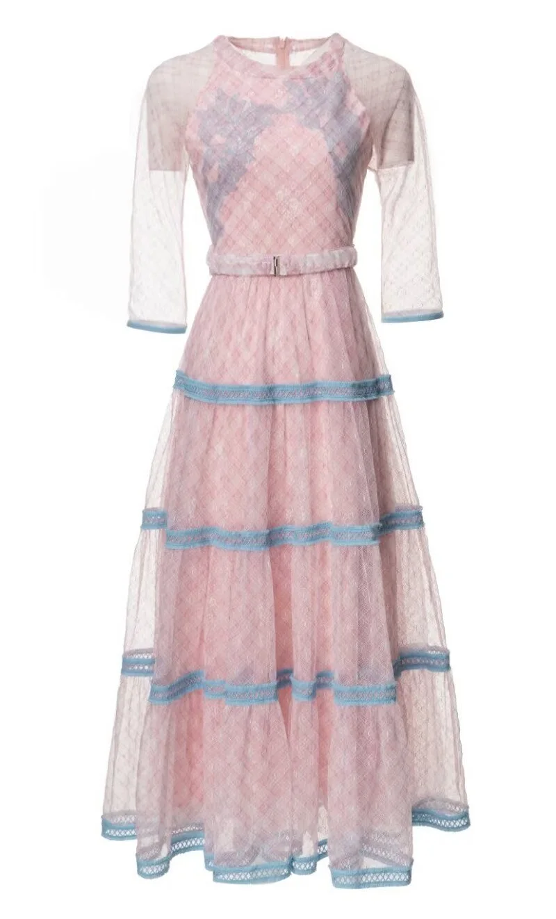 

High Quality New 2023 Summer Long Dress Fashionable Women Geometric Patterns Half Sleeve Pink Blue Color Block Lace Maxi Dress