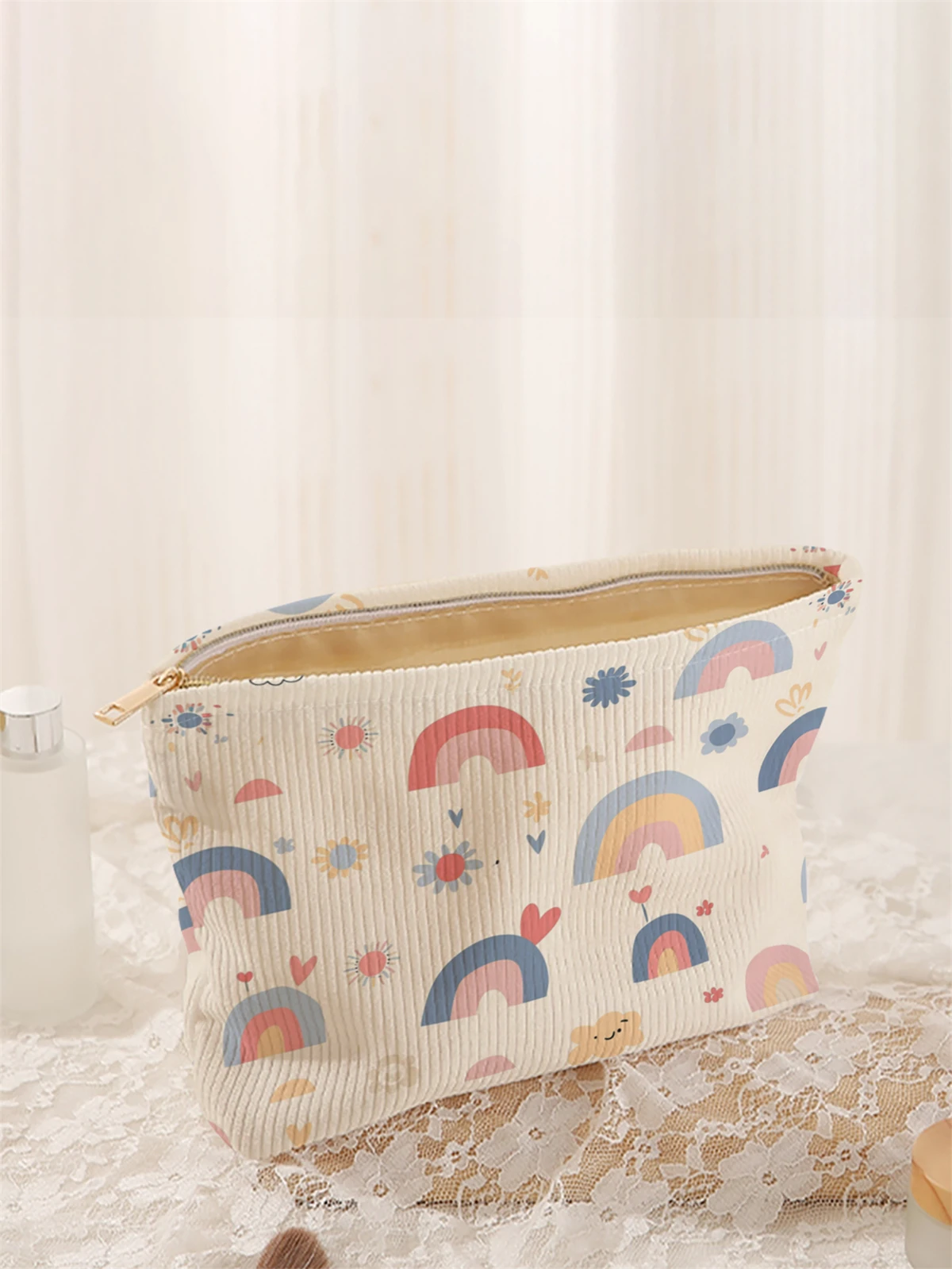 Printed pattern corduroy makeup bag, lightweight zipper makeup storage box, multifunctional bag with lining