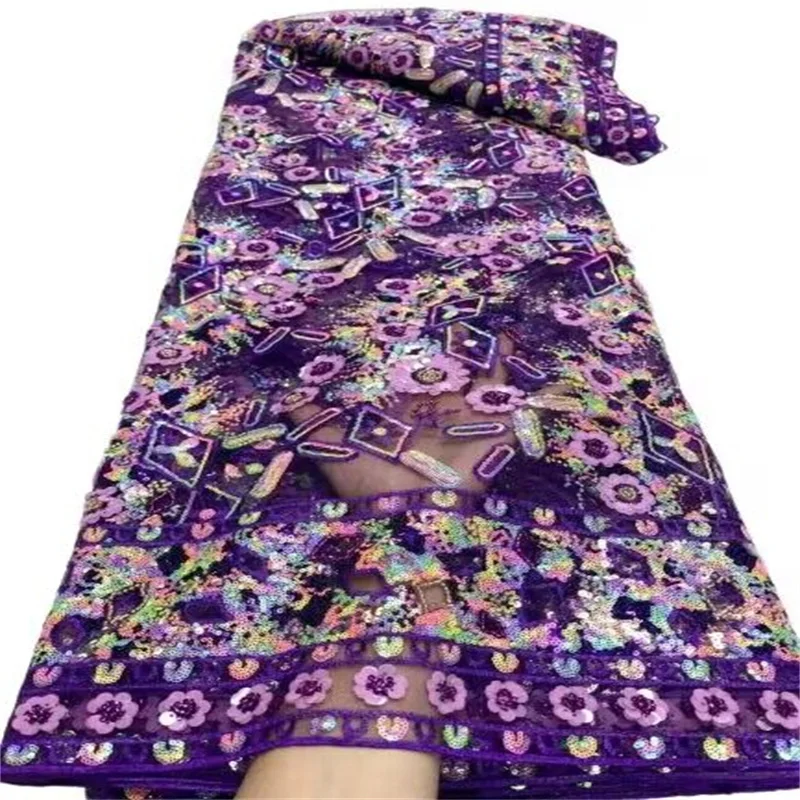 

Fashion African Lace Fabric Purple Sequin Beaded Tulle Mesh Embroidery Lace for Wedding Bridal Lace Fabrics High Quality Laces
