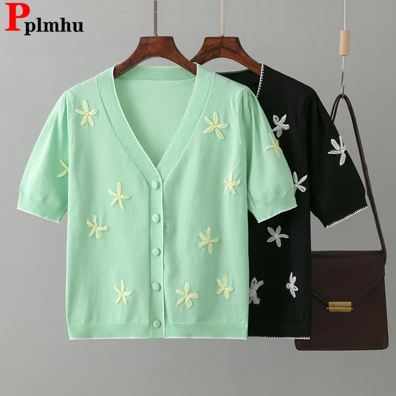 Ricama Estate Ghiaccio Slik Cardigan In Maglia Coreano Casual Manica Corta Sottile Maglieria Top Donna Corto Monopetto Gilet Blusas