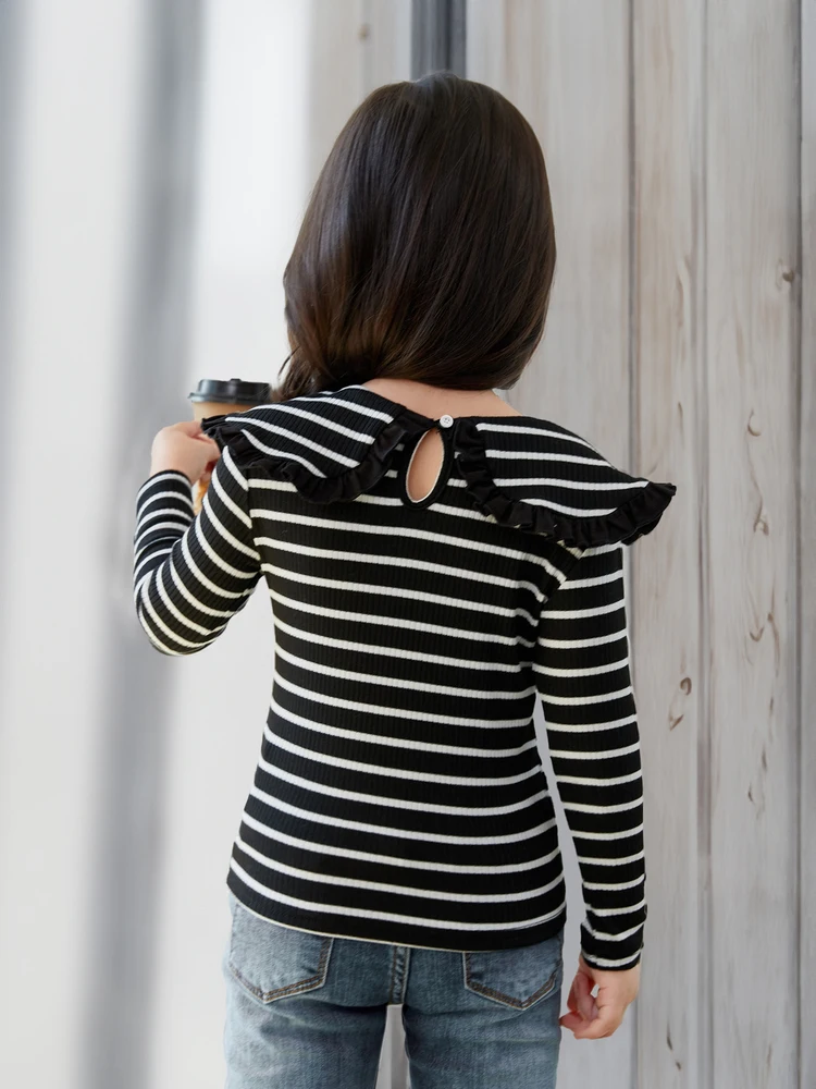Girls' Striped Knitwear Turn-down Collar Long Sleeve Tops Bottoming Shirt For Spring And Fall, girls long sleeve shirts