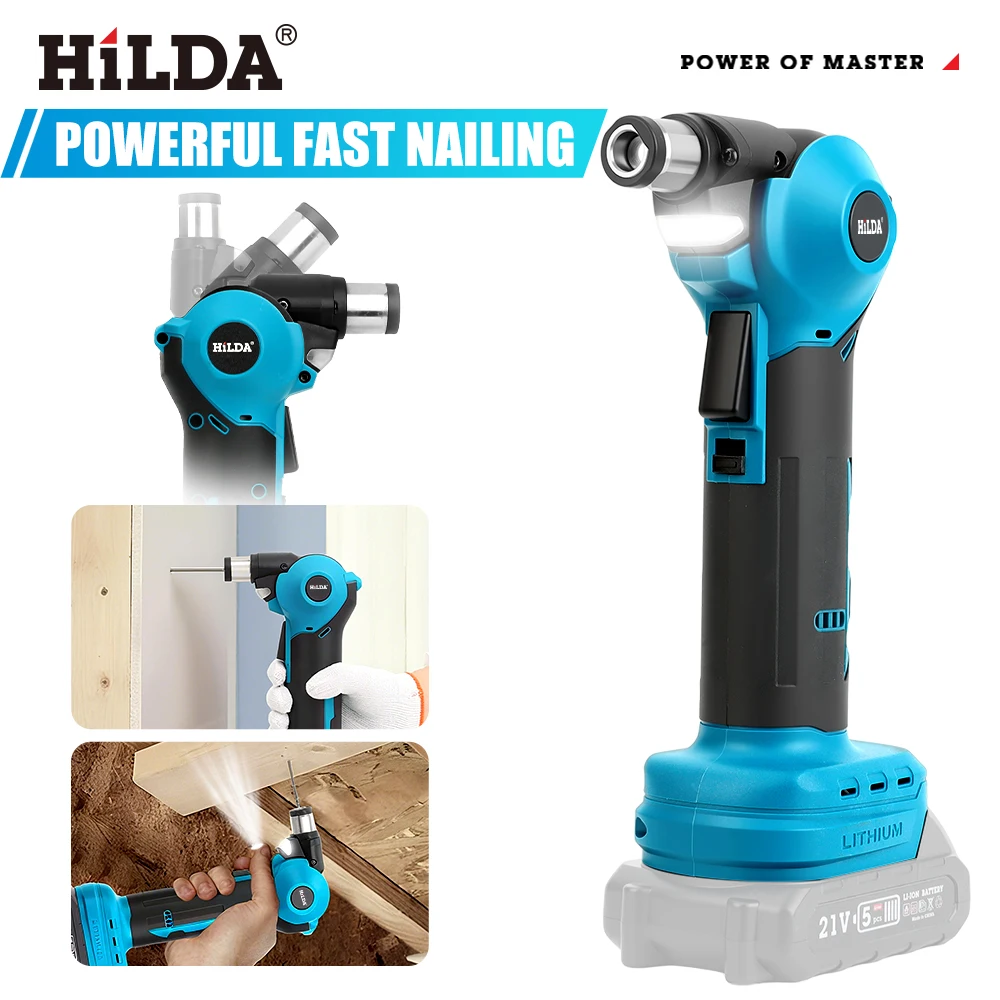 HILDA TMHH197 Cordless Electric Hammer Nail Drill 0/45/90 Degree Adjustable Head Hammer Drill Rechargeable for Makita 18V Battery