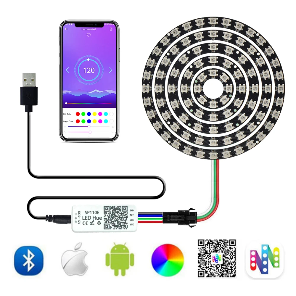 WS2812B 16/24/32/40/48/60 LED Light Ring SP110E Controller Kit WS2812 IC Individually Addressable USB Interface Connection DC5V