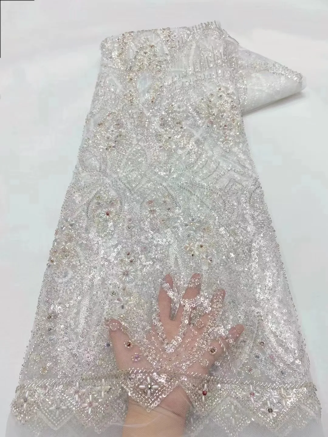 

African Heavy Beaded Lace Fabric 2024 High Quality Nigerian Sequins Lace French Tulle Fabric For Wedding Party Dress Sewing
