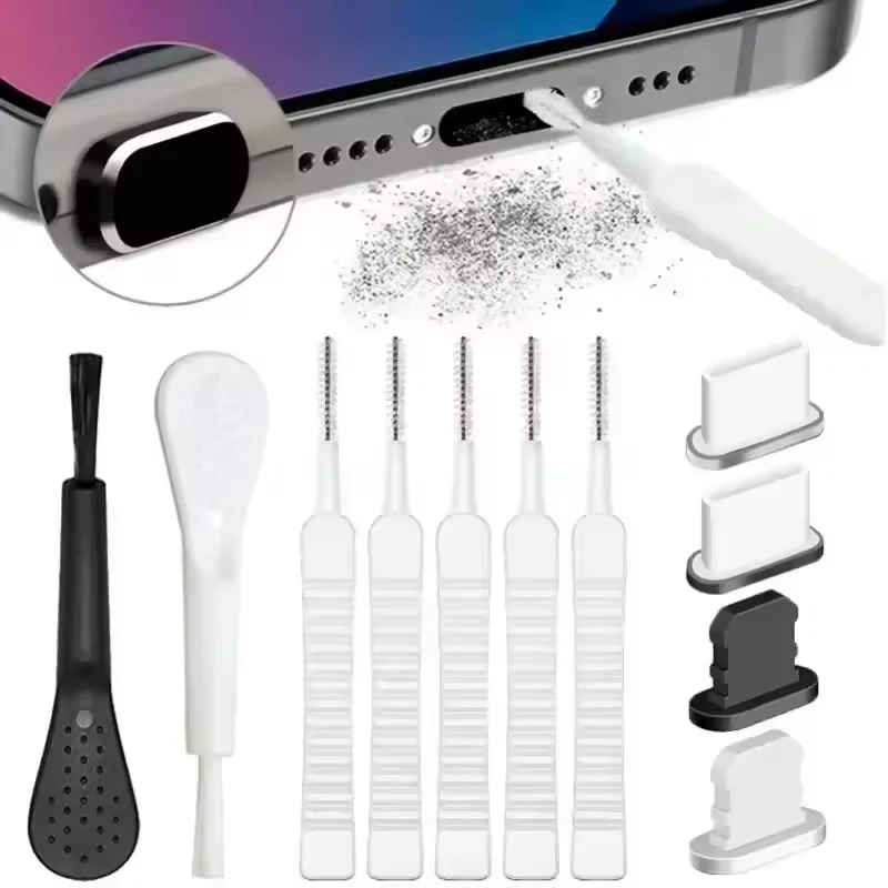 13/14Pcs Charging Port Dust Plug with Cleaning Brush for iPhone 17 16 15 14 13Pro Max Plus Samsung Xiaomi IOS Type C Cleaner Set
