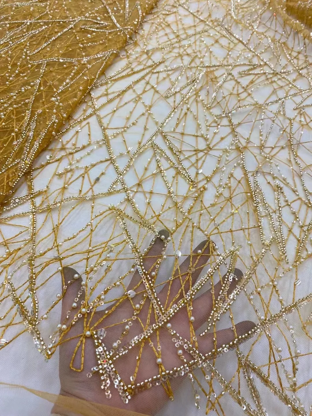 Yellow tassels  Heavy Industry Bead Tube Exquisite Sequin Flower Embroidery, French Tulle Lace, Fashion Party Dress Skirt  3109