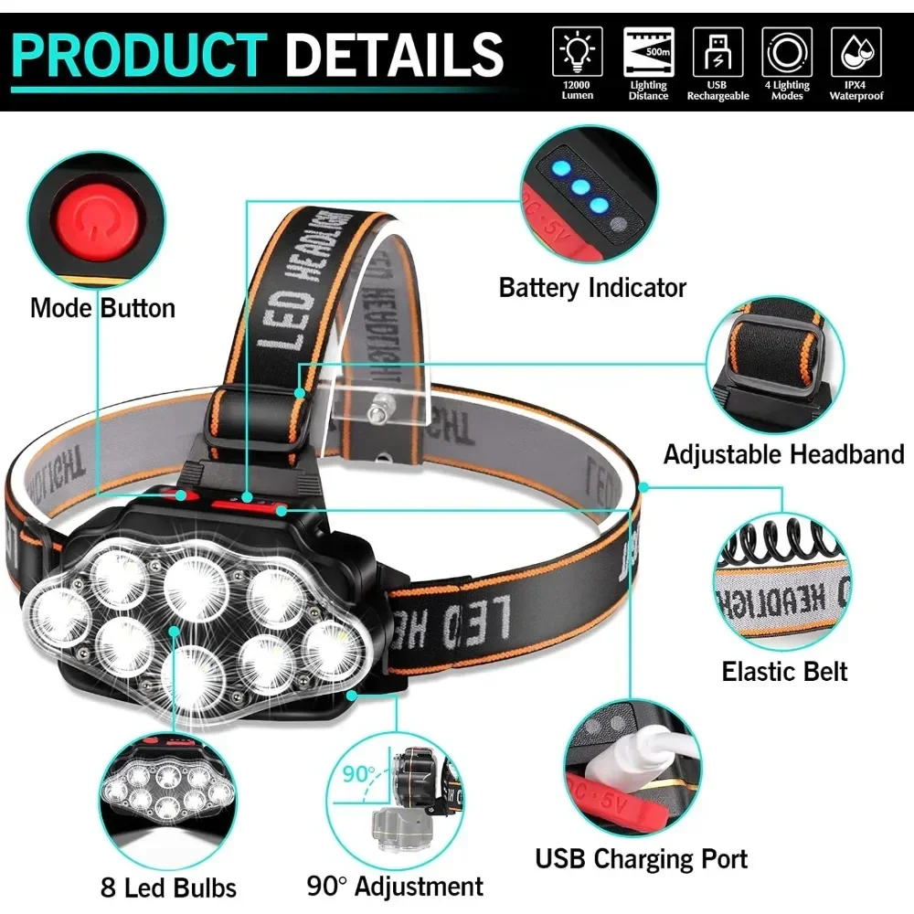 높은 루멘 LED 전조등 배터리 내장 USB 충전식 헤드 손전등 야외 강한 빛 캠핑 낚시 헤드 라이트