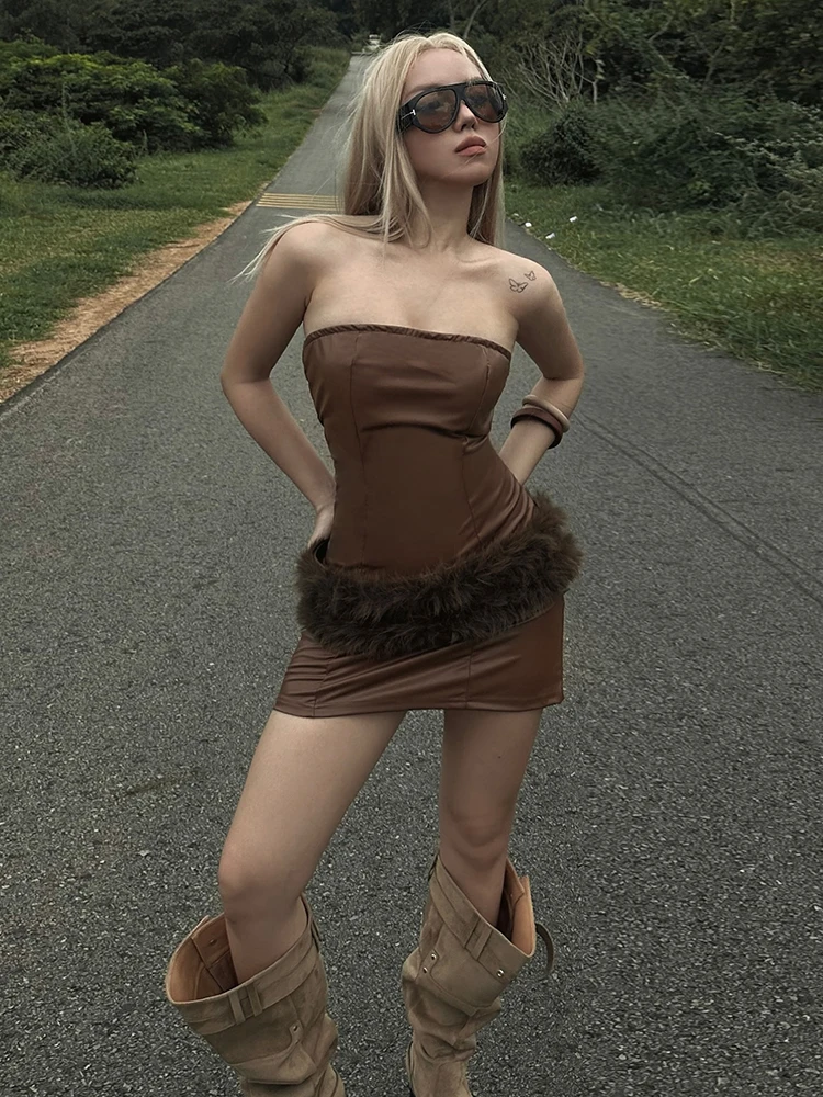 Nibber Sexy Fluffy Waistband+Leather Sleeveless Backless Mini Bodycon Midnight Hottie Music Festival Fashion Skinny Streetwear