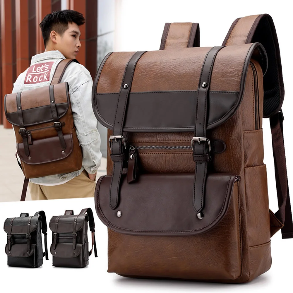 Men Fashion PU Artificial Leather Waterproof Backpack Casual Simple Belt Trim Student Schoolbag Travel Laptop Bag Dropshipping