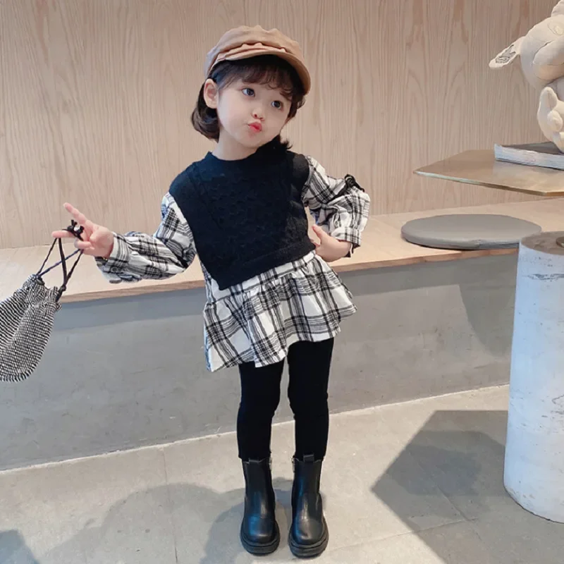 

Korean autumn baby girls A-line dress plaids checkered patch kids clothes ruffles vestidos children toddler dress 3-8 years old