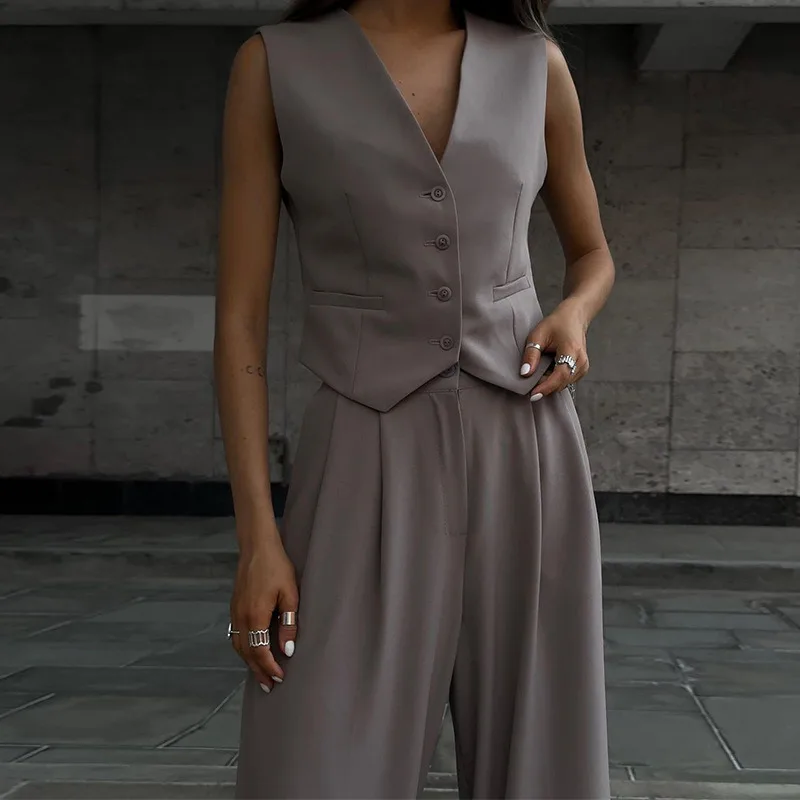 New Autumn Women's Solid  Color V-neck Sleeveless Vest Top Hanging Wide Leg Trousers Commuter Casual Ladies Two-piece Suit