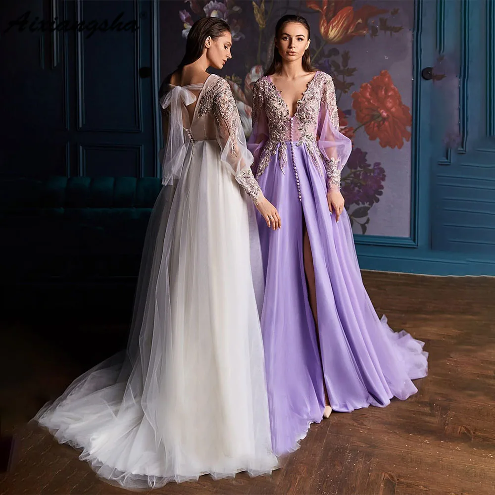 

Aixiangsha Beautiful Fluffy Prom Dress Evening Dress Long Train A-line V-neckvestidos de noche Puffy Sleeves Tulle Bow Custom