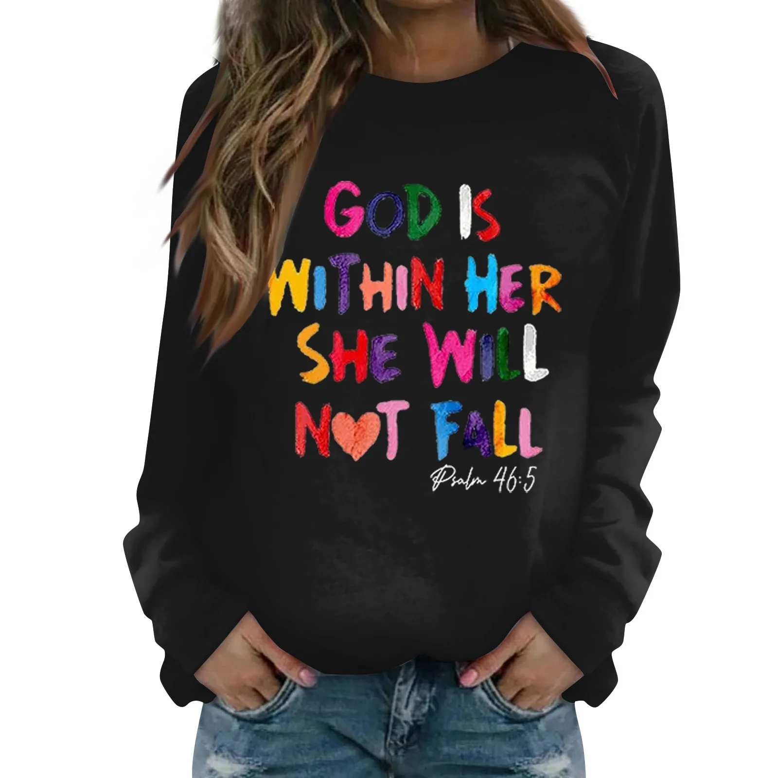 

Print T-Shirt For Women God Is Within Her She Will Not Fall Round Neck Tops Women'S Fashion Long Sleeve O Neck Pullover Blouse