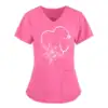 Surgical Uniforms Woman Solid Color Heart Healing Print Nurse Uniform Woman V-Neck Short Sleeve Patch Pocket Top Women's Scrub