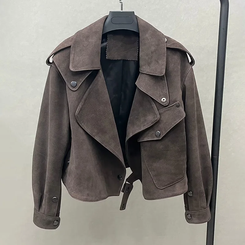 

2023 Custom Bulk Order Lady Fashion Kid Suede Jacket Genuine Sheepskin Oversize Leather Coat Streetwear Moto Biker Clothing S754