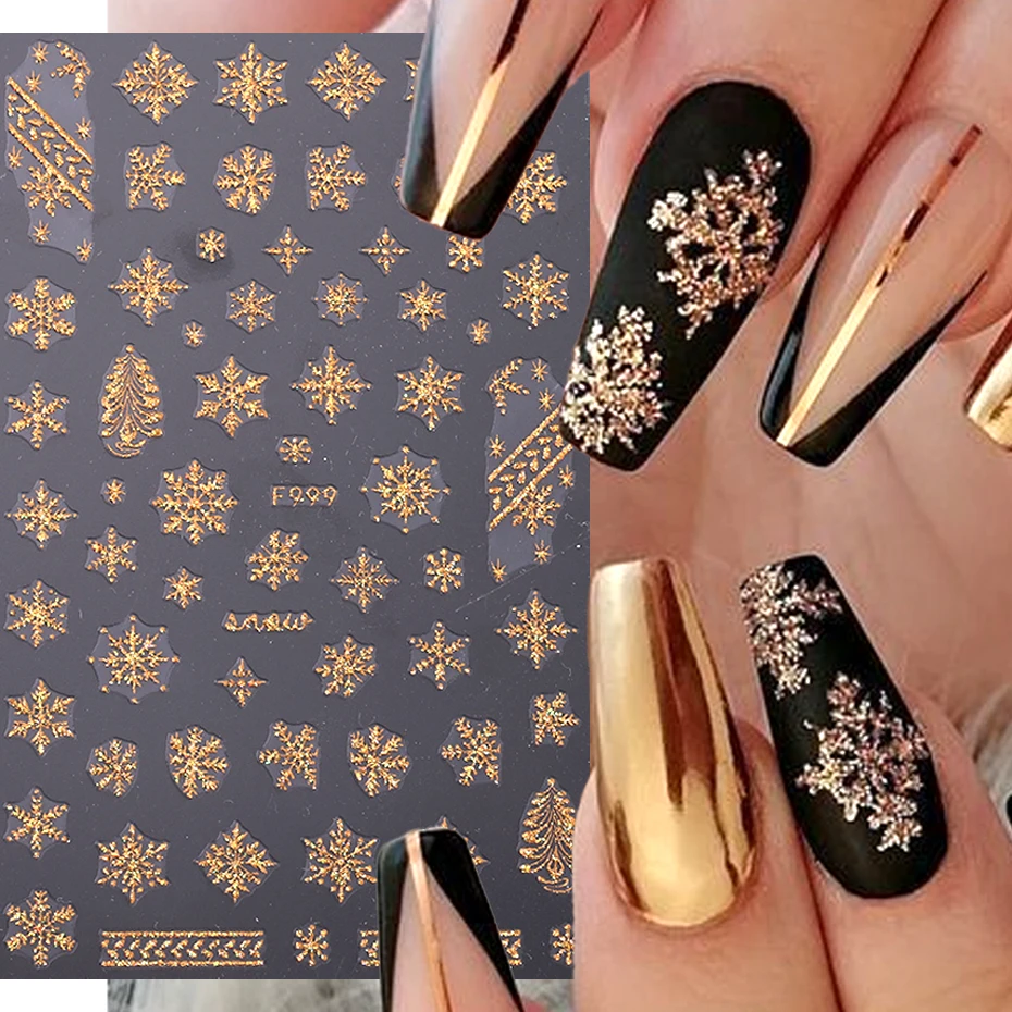 Nail Stickers 3D Gold Glitter Snowflake Nail Sticker Winter Reflective Sweater Star Dancer Christmas Tree Foil Xmas New Year Decal Tips