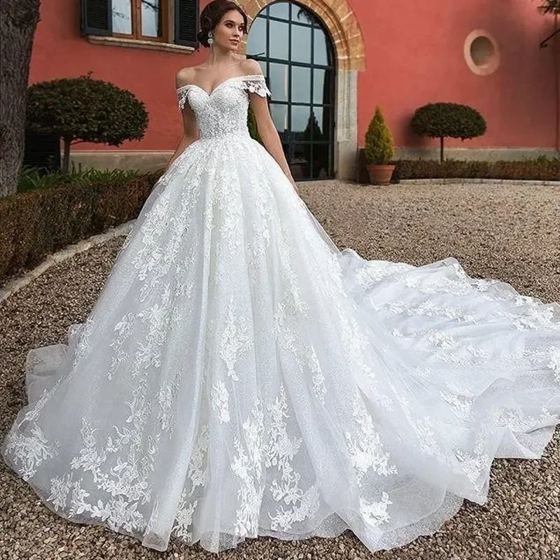 

Modest Princess Off Shoulder Lace A Line Wedding Dresses Appliques Court Train Bridal Gowns Wedding Dress Vestidos De Noiva 2024