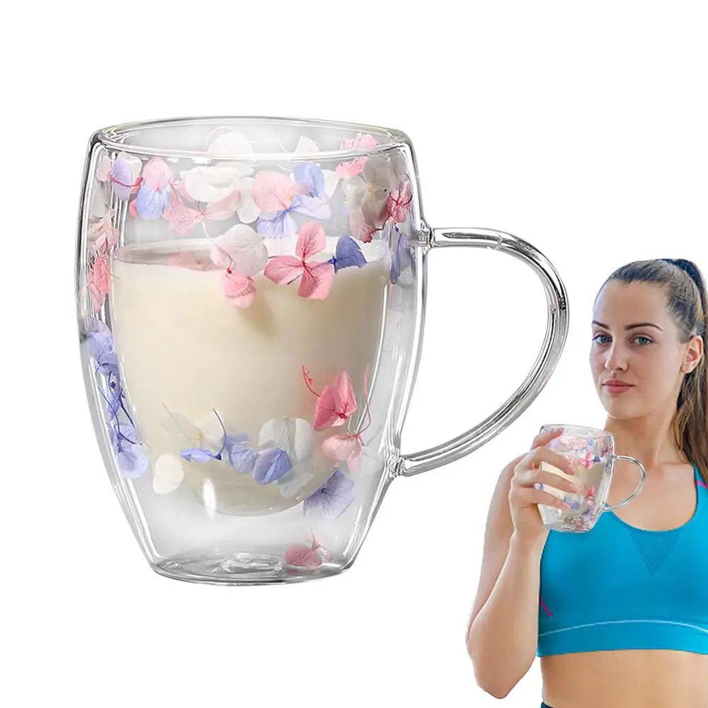 Tazza da caffè, a doppia parete, in vetro con motivo a fiori