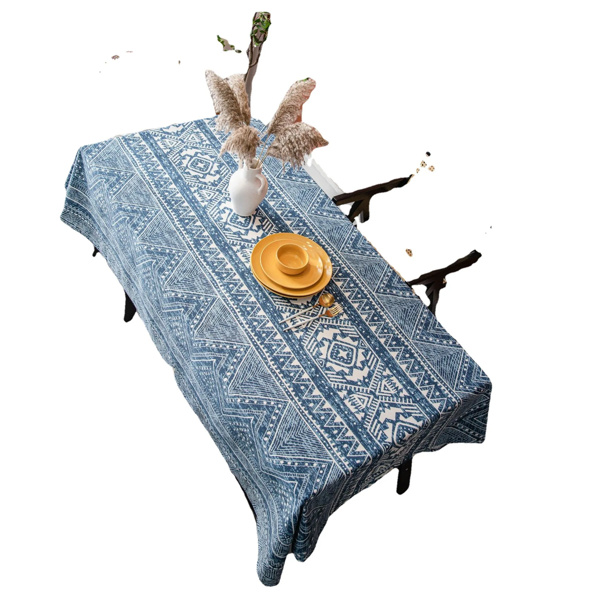 Home European tablecloth Blue geometric triangle print blog cotton linen rectangular table cloth end table cover - Image 5
