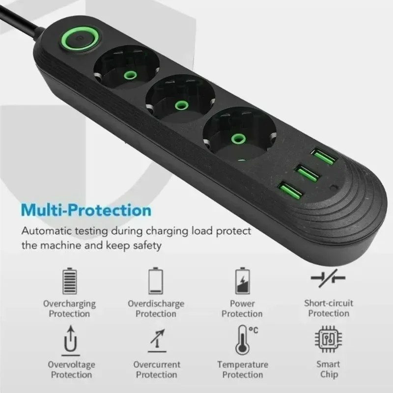 3/4/5 Euro Jacks 3 USB Power Strip with Extension 2M Cord Socket Network Filter Round Pin AC Outlet Electrical Charge Adapter