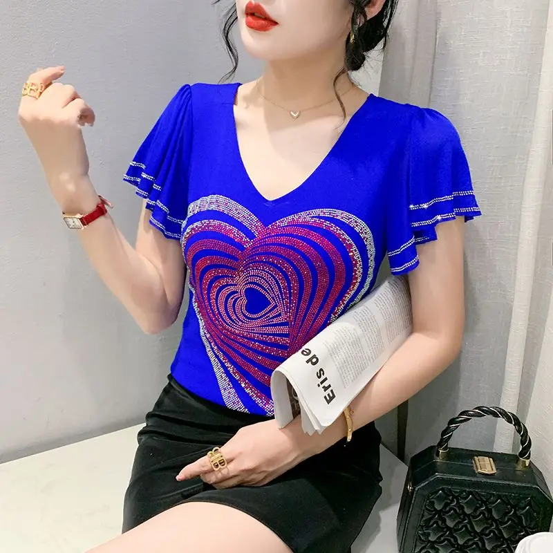 

Elegant Fashion Harajuku Slim Fit Female Clothes Loose Casual All Match Tops Women V Neck Patchwork Insert Short Sleeve Tshirts