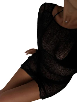 Women Bikini Cover-Ups Solid Color See-Through Long Sleeve Backless Beach Knitted Mini Dress Swimwear Sunscreen Blouse 5