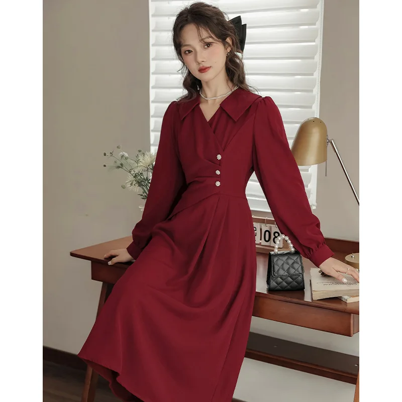 

Kikyo-Vintage Style Dress Slim French Design Elegant High Quality Korean Fashion Solid Color Spring and Autumn New 2024