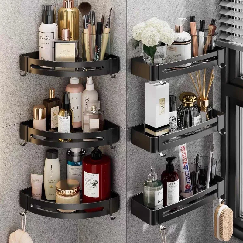 1 Pc Bathroom Corner Shelf With Alloy Shower Rack Hook Towel Bar No Drill Space Aluminum Shower Storage Rack Bathroom Organizer 3