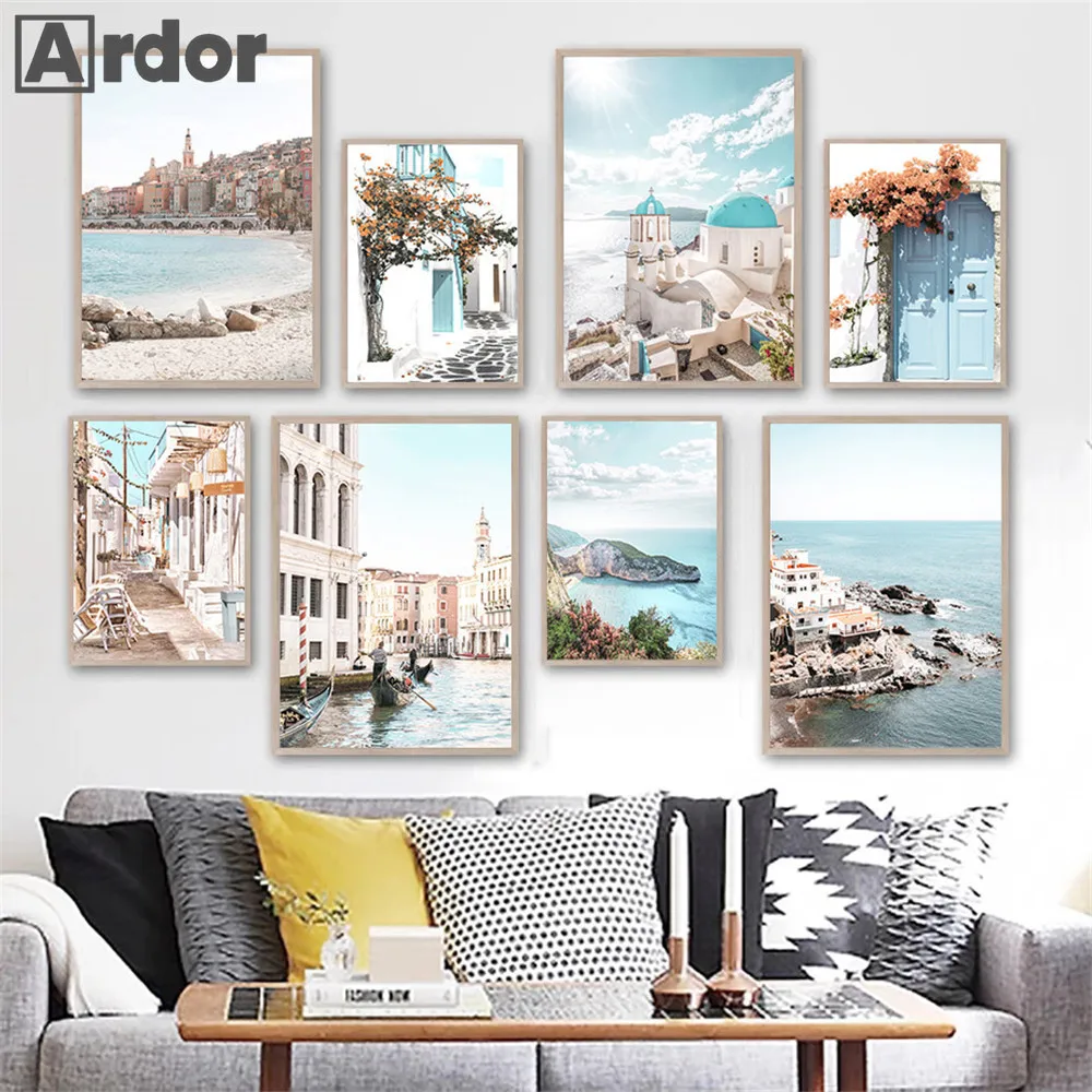 

Italy Landscape Sea Ocean Wall Art Poster Canvas Painting Blue Door Posters And Prints Nordic Wall Pictures Living Room Decor