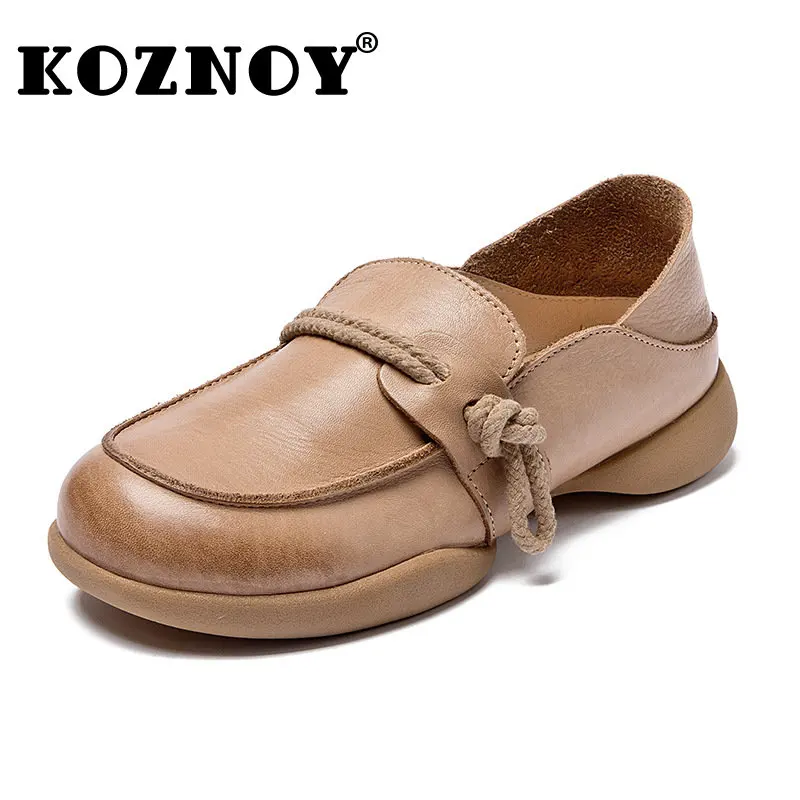 

Koznoy 3cm Natural Genuine Leather Comfy Ladies Slip on Women Soft Soled Flats Loafers Summer Retro Round Toe Moccasins Shoes