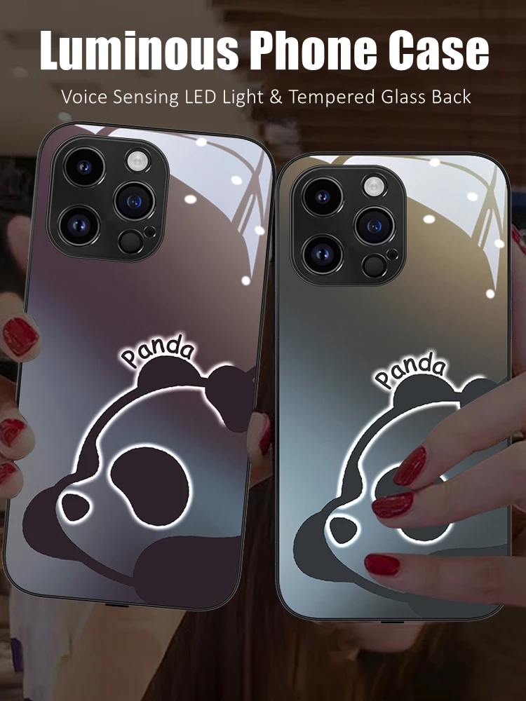 

Fashion Panda LED Light Glowing Luminous Tempered Glass Phone Case for OPPO Reno 4 5 6 7 8 9 Find X5 Realme X50 Pro Plus SE