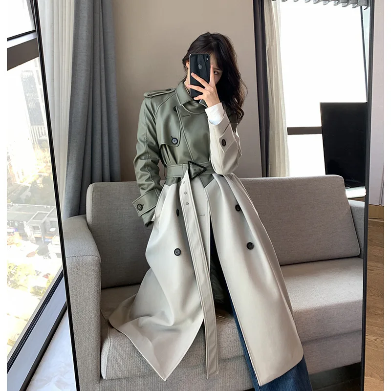 long puffer jacket Women's Coat Spring Autumn Windbreaker Jacket Female Khaki Trench Quality Clothing Leather Stitching Windproof Long Ladies Cloak down coats