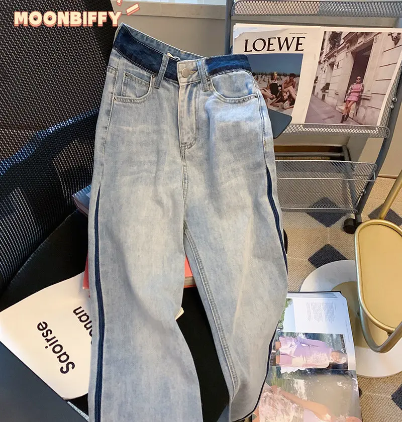 

Fashion High Waist Wide Leg Jeans for Women Spring and Autumn New Trendy Slimming Loose Straight Contrast Color Long Denim Pants