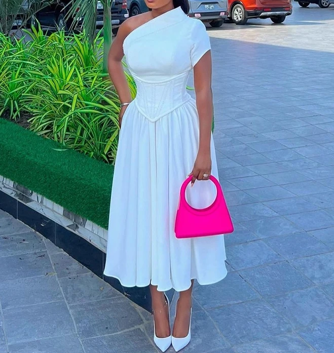 

Женское платье с диагональным вырезом, повседневное элегантное белое платье миди с короткими рукавами, весна 2024