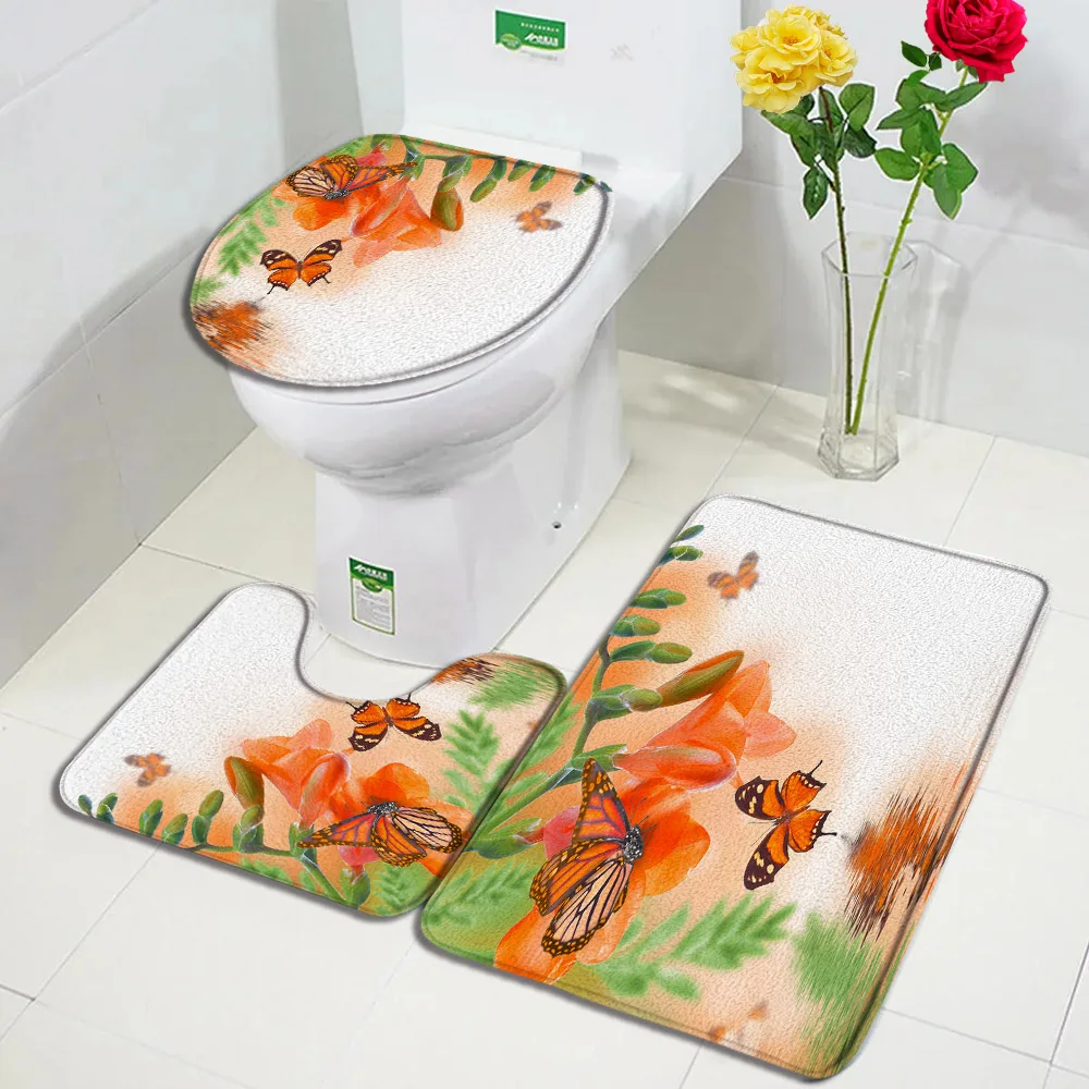  3pcs/Set Orange Flower Butterfly Bath Mat Floral Plant Pattern  Rugs Flange Low Pile Bathroom Decor Carpet Toilet Lid Cover, U Shape Mat  17.71 x 29.52 Inch : Home & Kitchen