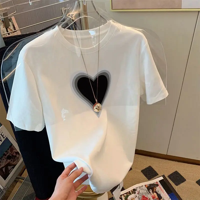 

Summer men and women new trendy heart-shaped printed round neck short sleeved couple hip-hop American street casual T-shirt top