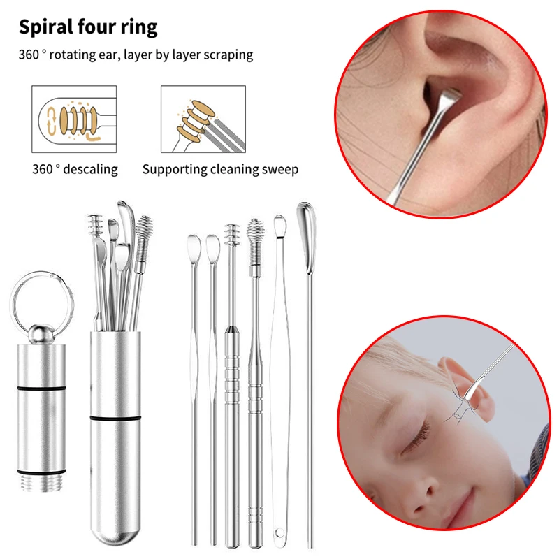 6pcs/set Stainless Steel Ear Picking Tool Ear Scoop Adult Spiral Ear Wax Picker Earpick Remover Cleaning Piercing Kit Cleaner